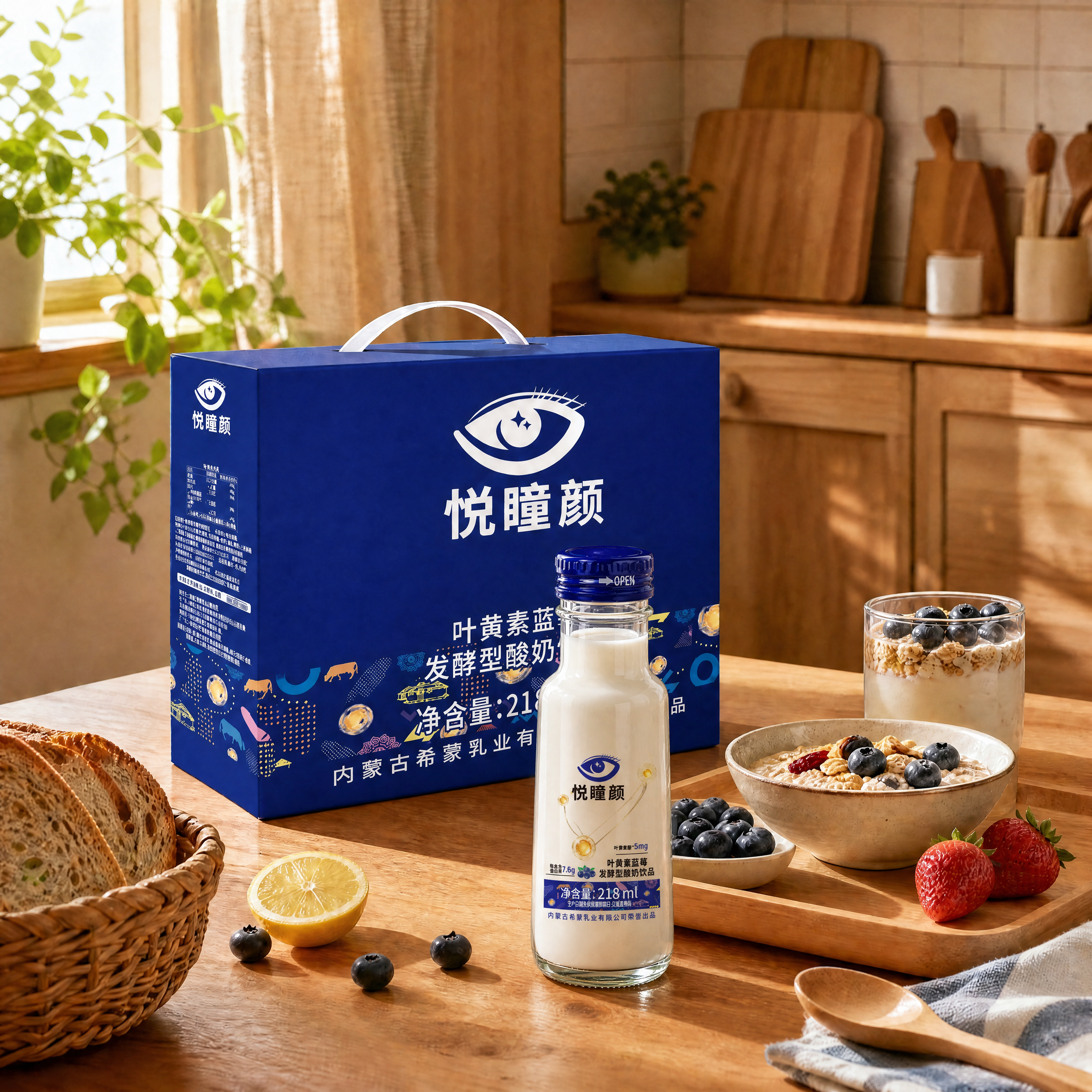 在图1的厨房早餐场景中，将图2的悦瞳颜叶黄素蓝莓发酵型酸奶饮品… - 图片创意预览
