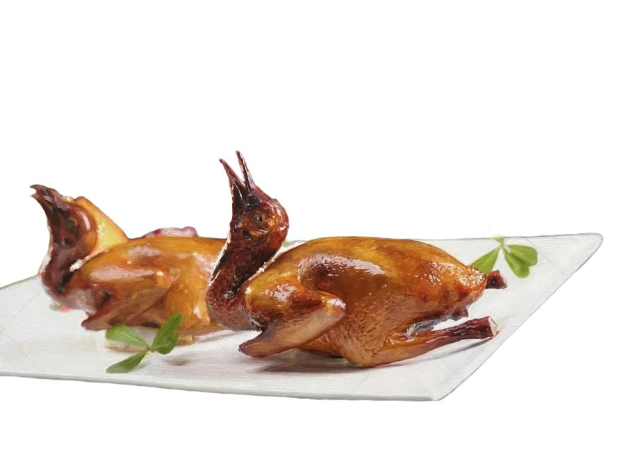 将这张乳鸽照片转换成丙烯笔触薄涂风格的绘画，保留原有构图和主体内容，乳鸽和摆盘位置不变，呈现丙烯薄涂的颜料质感和手绘纹理预览效果