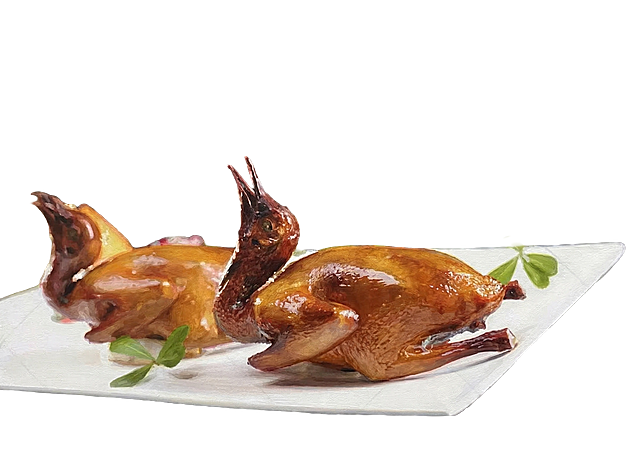 将这张乳鸽照片转换成丙烯笔触薄涂风格的绘画，保留原有构图和主体内容，乳鸽和摆盘位置不变，呈现丙烯薄涂的颜料质感和手绘纹理