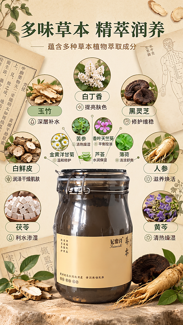五味改成多味，植物草本改成有马齿苋，苦参，茯苓，黄芩，鱼腥草，金黄洋甘菊，香叶天竺葵，薄荷，芦荟。背景改成偏中医风格。