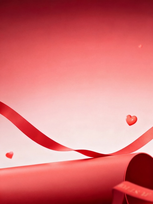 生成类似参考图的红色渐变简约场景背景，参考原图的对角线飘带构图，进行左右翻转重构，保留红色立体圆柱体前景和红色爱心装饰元素，使用商业高调摄影，柔和漫射光，前中后景层次分明，保留大面积留白用于产品展示，预览效果