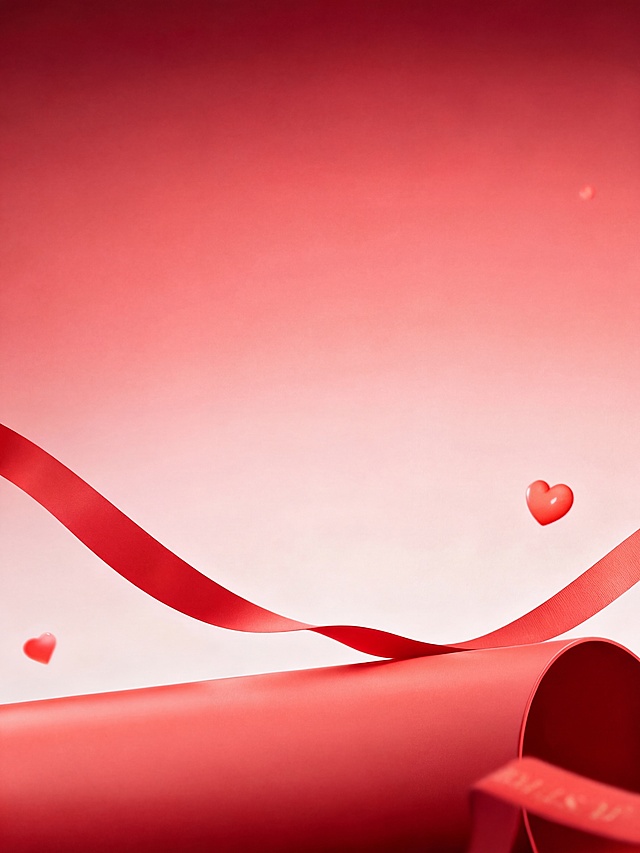 生成类似参考图的红色渐变简约场景背景，参考原图的对角线飘带构图，进行左右翻转重构，保留红色立体圆柱体前景和红色爱心装饰元素，使用商业高调摄影，柔和漫射光，前中后景层次分明，保留大面积留白用于产品展示，整体为红色渐变氛围，飘带质感真实，保持整体风格高级简约，避免文字出现在画面中