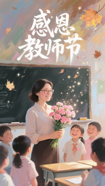 温馨明亮的插画风格，一位戴着眼镜的女教师手持一束粉色康乃馨，在教室里被可爱的学生们围绕，背景有黑板，秋叶飘落，有书法字体的 “感恩教师节” ，温暖氛围预览效果