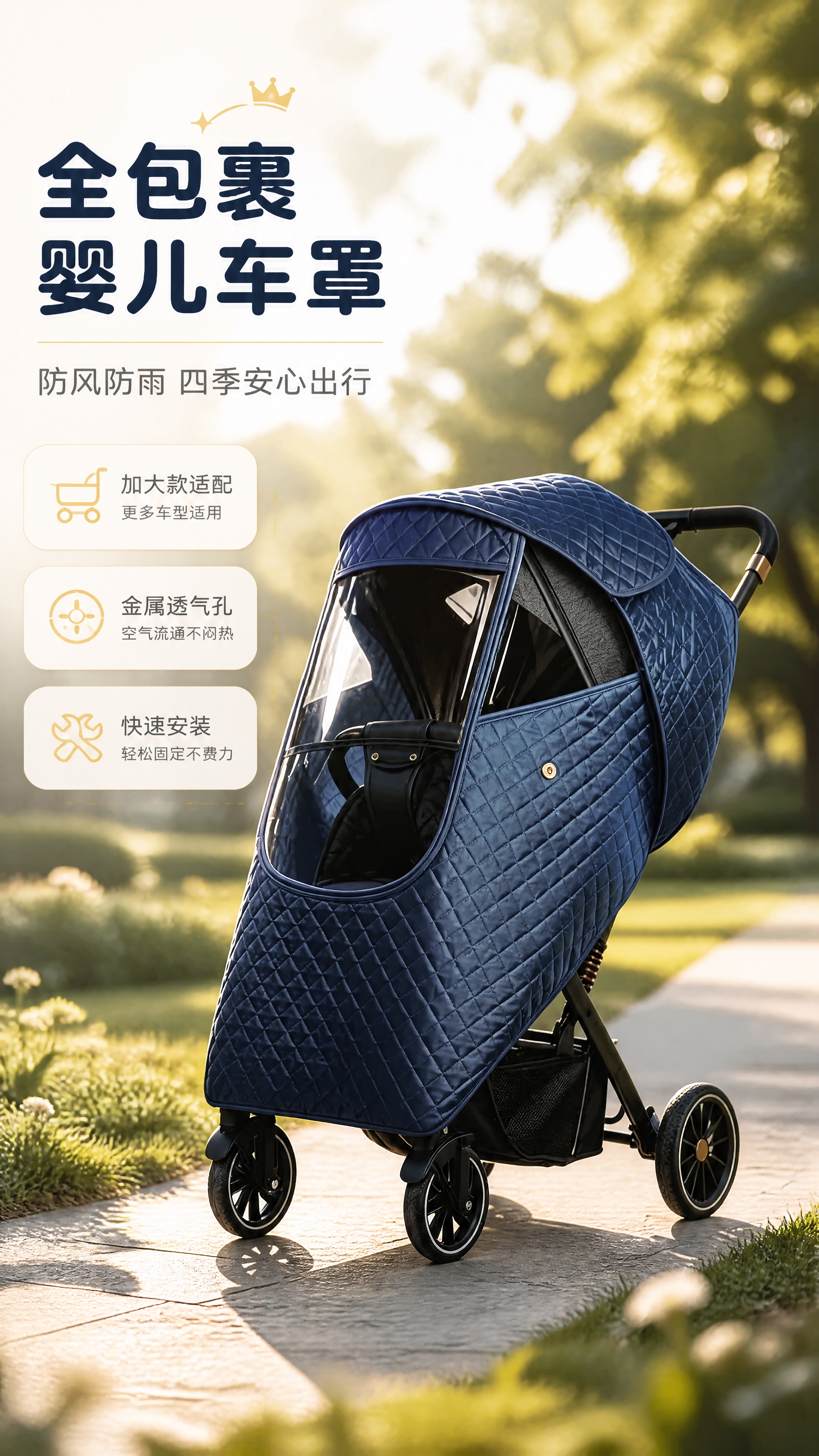 [商品] 使用【图1】藏青色全包裹婴儿车防风防雨罩；保留菱格绗… - 图片创意预览