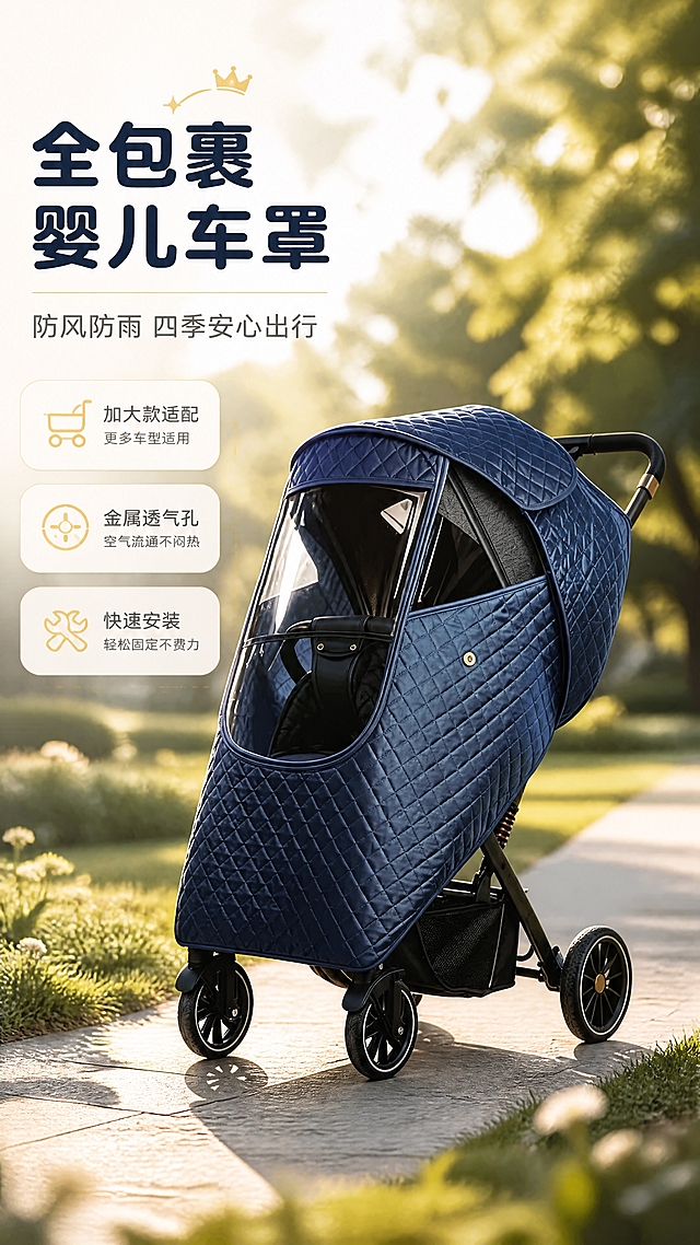 [商品] 使用【图1】藏青色全包裹婴儿车防风防雨罩；保留菱格绗缝面料、透明透视窗、金属透气孔、按扣、整体全包覆结构和藏青颜色；商品处理：增强绗缝纹理立体感、面料质感和五金细节光泽，不改变版型结构。
[画面] 目标：氛围头图，建立高端母婴产品第一印象。构图：产品居中偏右，占画面65%，婴儿车罩安装在婴儿车上，放置在阳光明媚的公园步道上；左侧留白放文案；前景草地、中景产品、后景虚化树木与光斑，营造温暖治愈的午后氛围。
[视觉] 套系策略：风格=温馨母婴风商业摄影；标题字=圆润粗黑体；正文字=简洁无衬线体；主色=藏青蓝；背景延展=基于藏青蓝做深浅层级、同色渐变和自然户外光影；强调色=暖金色，仅用于小面积图标、引线和标签；标题色=深藏青；正文色=中暖灰；组件=圆角浅底信息卡、细线引线、柔和图标；光影=左前侧暖柔光，自然逆光轮廓。
[文字] 左上区域主标题「全包裹婴儿车罩」，副标题「防风防雨 四季安心出行」，下方3个短卖点：加大款适配·金属透气孔·快速安装；文字横排，不遮挡产品主体和透视窗。
[规格] 图片比例9:16竖版，4K分辨率，避免变形、错字、文字过小、冷蓝灰背景、产品颜色改变、结构失真、极限词。
