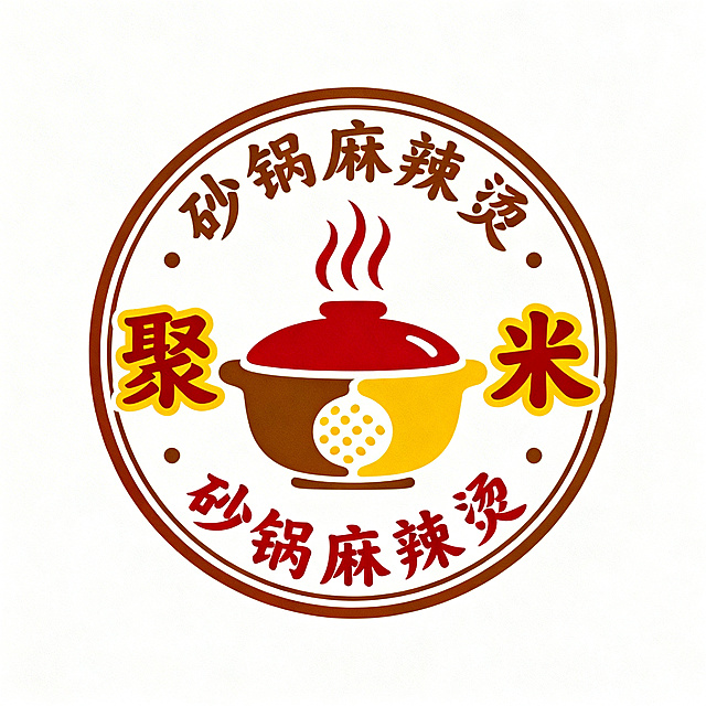 徽章形组合标Logo设计，砂锅麻辣烫品牌"聚米"。圆形外框环绕品牌名称，中心是简化的砂锅+冒热气的抽象图形，米粒做负空间设计融入锅身。采用圆角手写字体，暖红搭配棕黄色，复古市井风格，矢量图，整体干净简洁，适合店招使用