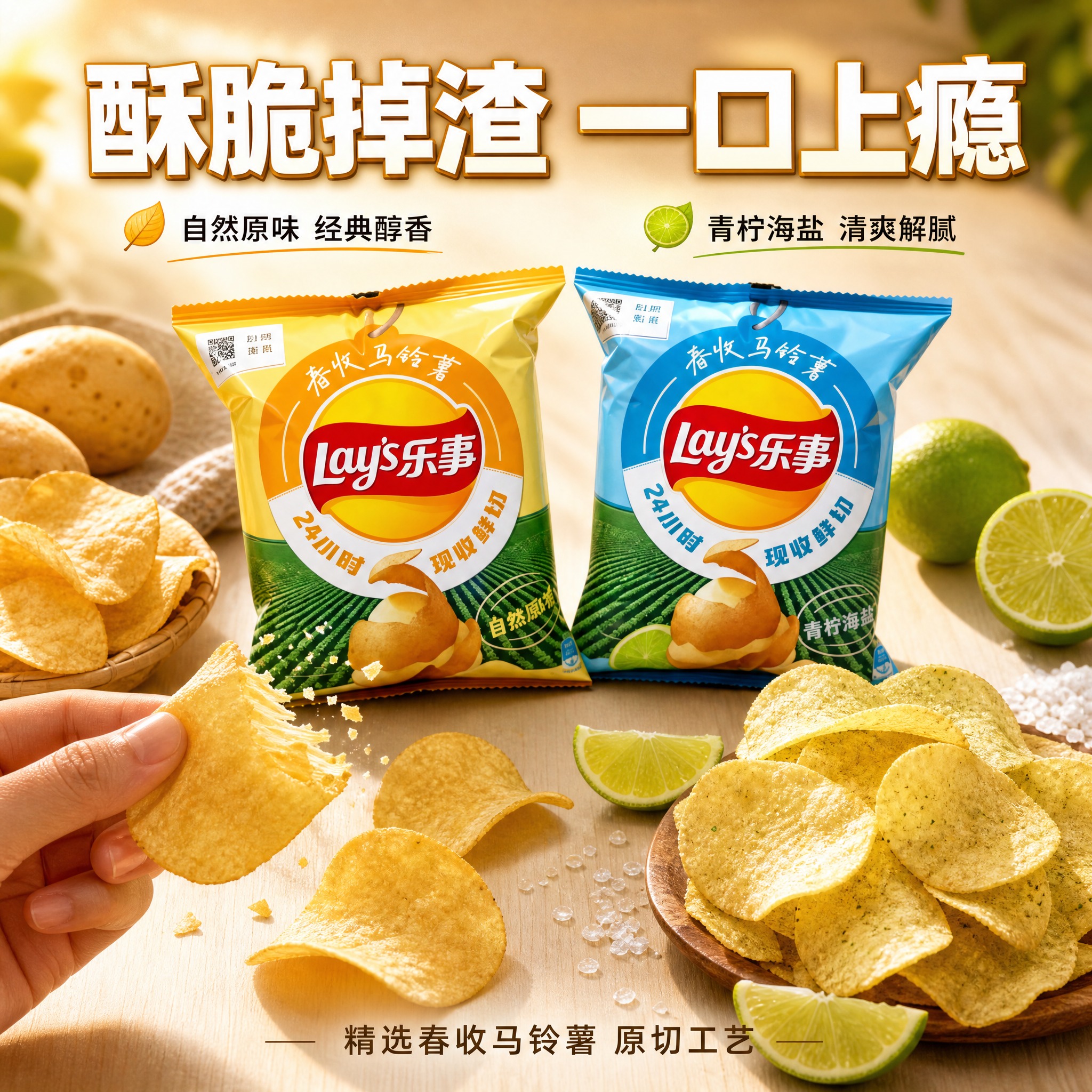 [主图-2] 乐事薯片双口味卖点图，展示酥脆口感与双口味特色，… - 图片创意预览
