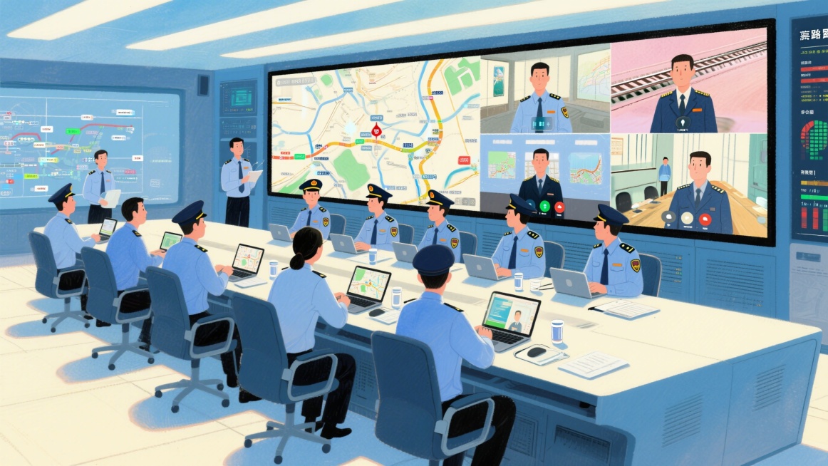 绘本风格，铁路局调度中心会议室内部，一群穿着铁路制服的工作人员正在使用大屏幕高清视频会议系统。大屏幕上显示着其他分会场或线路图的画面。会议室内光线明亮，充满科技感，桌上摆放着笔记本电脑、水杯和文件。背预览效果