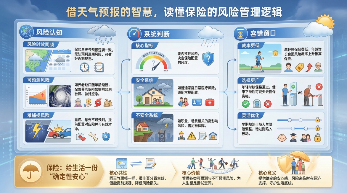 保留以下所有文字内容生成图片
借天气预报的智慧，读懂保险的风险管理逻辑
风险认知
1. 风险时效同频：保险与天气预报逻辑一致，无法预判远期风险，可做好近期规划。
2. 可预测风险：如养老缺口随年龄渐显预览效果
