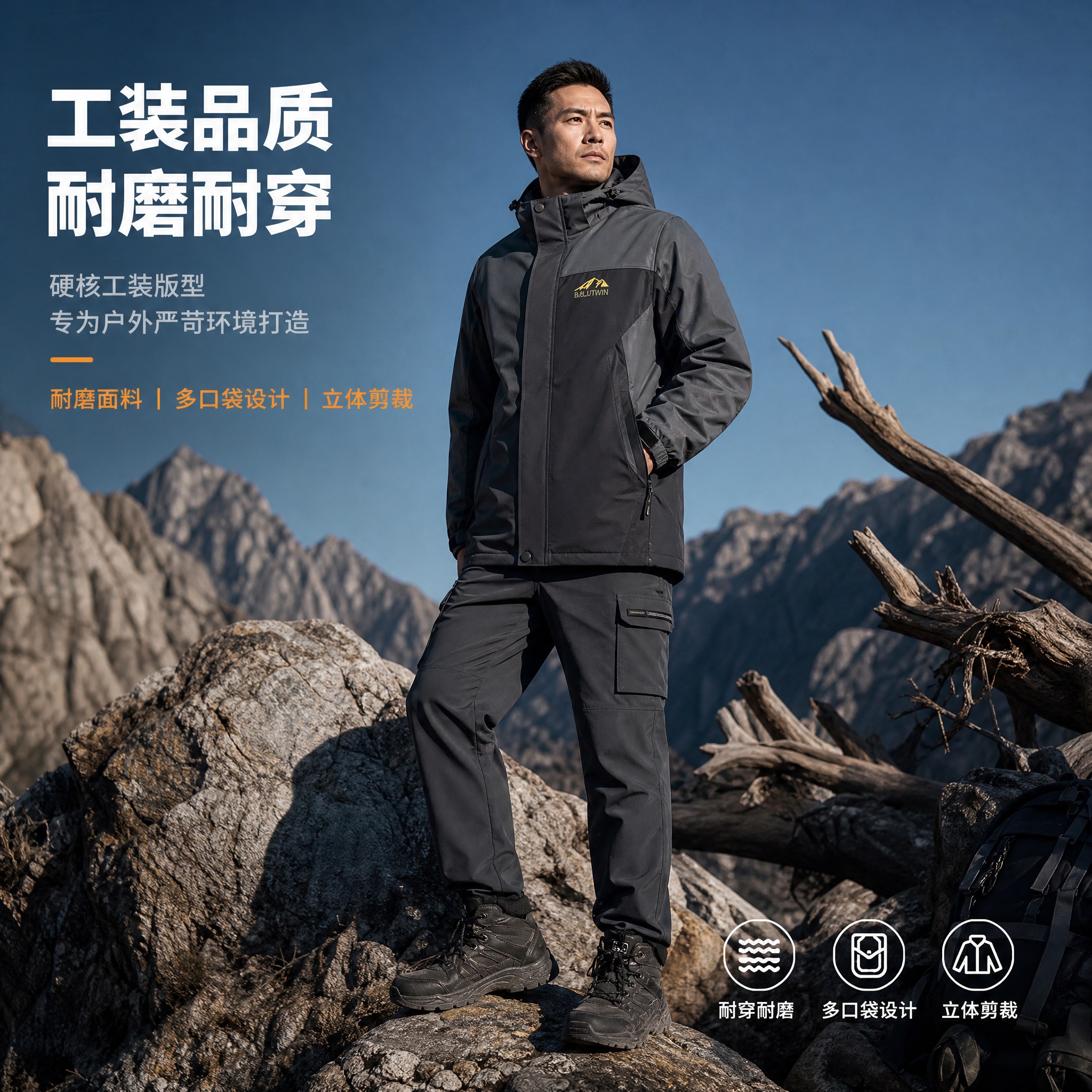 [主图-6] 工装耐磨品质展示图：展示冲锋衣的工装版型和耐磨耐… - 图片创意预览