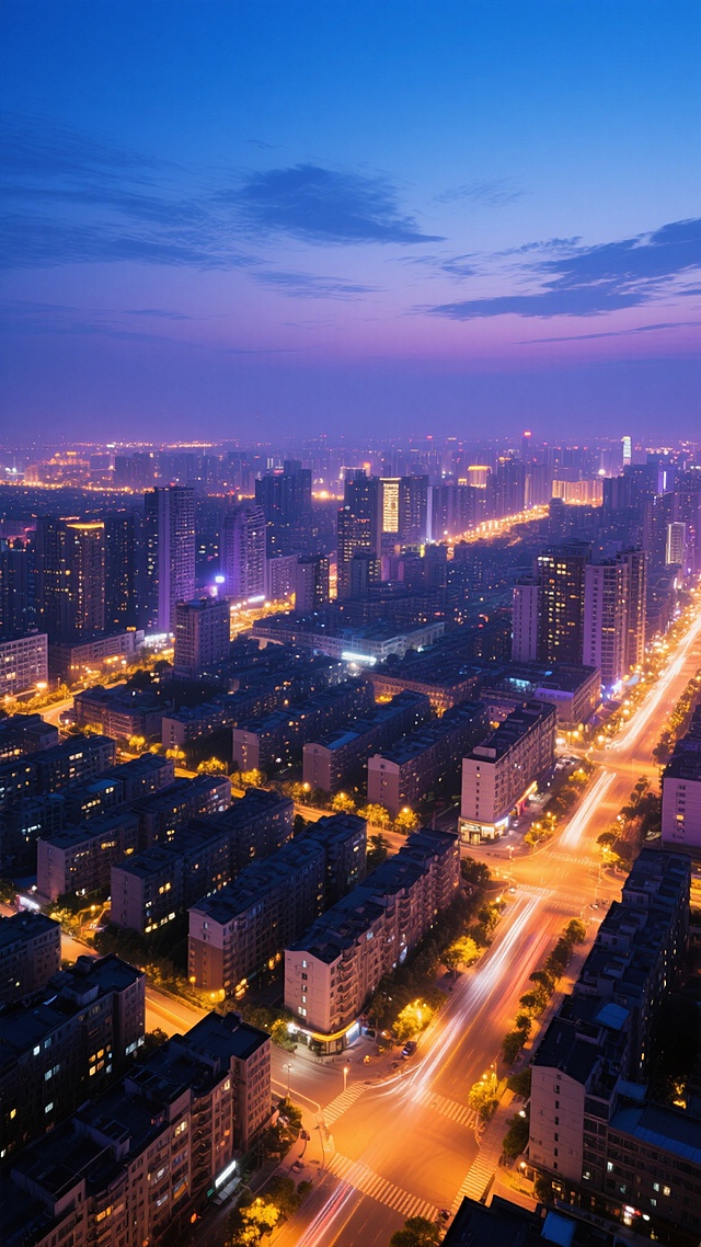 城市夜景的航拍视角，城市背景占据画面主要部分，建筑排列密集有序，灯火辉煌，道路上有流动的车灯轨迹，天空呈现渐变的深蓝色，带有少量云彩，整体风格干净简洁，适合作为背景素材使用，画面中没有多余的文字和标识，只有纯粹的城市夜景景观，色彩以蓝紫色调为主，灯火呈现温暖的黄色和橙色，形成鲜明的对比，营造出宁静而繁华的氛围。