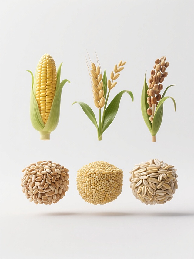 六个规整排布的杂粮谷物素材，保持超写实3D渲染风格，每个素材为不同的杂粮谷物（如玉米、小麦、稻谷、高粱、小米、燕麦等），均呈现饱满的颗粒感和真实的材质细节，具有明亮的自然色彩和清晰的光影过渡，叶子等绿色部分有自然的弯曲形态，整体造型简约现代，所有素材悬浮于纯白色纯色背景上，无任何文字、logo和水印。