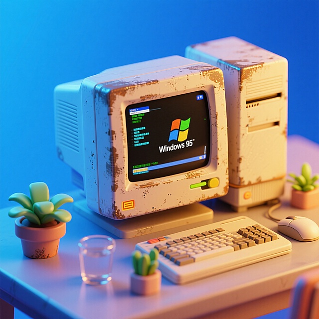 老式台式电脑（做旧金属质感，屏幕显示 “Windows 95” ），老式键盘、鼠标，小绿植、水杯，。突出复古怀旧氛围。通过物件大小、前后遮挡营造层次。背景用高饱和蓝色