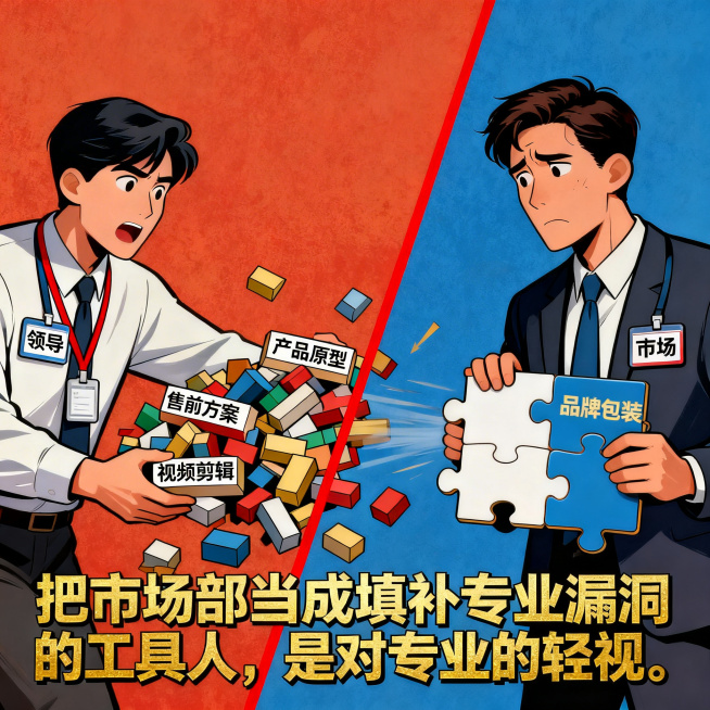 一个夸张对比场景，画面被一条红线划分为两半。左边戴着"领导"工牌的人，正把一堆写着"产品原型"、"售前方案"、"视频剪辑"的杂乱积木推向右边。右边戴着"市场"工牌的人，手里拿着本该属于自己的"品牌包装预览效果