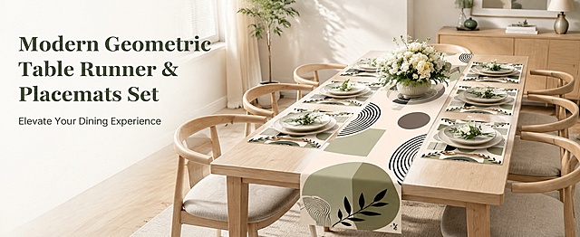 [Screen 1] Hero Banner - Modern Geometric Table Runner And Placemats Set product main visual. This screen uses [image1] as the product main body.  
[Atmosphere/Style] Realistic modern home dining scene, minimalist commercial design, high-definition product photography texture, clean and high-end.  
[Element Layout] The complete table runner and 6 placemats set is placed in the center of the screen, occupying 65% of the space; background is a bright modern dining room with soft natural window light; keep the geometric pattern, color matching and product structure completely consistent with the original image.  
[Lighting & Texture] Soft natural main light from the side, soft projection under the product, clear fabric texture, uniform light and shadow transition.  
[Color Matching] Global background color #F5F5F0; main color muted sage green, auxiliary colors neutral beige, dark brown, black.  
[Perspective & Composition] 45-degree oblique overlooking perspective, product as the visual center, left text right product reading flow.  
[Text Layout] Main title at the top left: "Modern Geometric Table Runner & Placemats Set", subtitle: "Elevate Your Dining Experience", all English text, each main word capitalized, no Chinese characters; main title bold large font, subtitle regular weight medium font; text area does not cover the main body of the product.  
[Proportion & Resolution] 61:25 (Amazon Advanced A+ Web) horizontal ratio, 4K resolution, clear text, high-definition picture quality.  
[Negative Prompt] Deformed product, wrong color, blurred texture, text disorder, watermark, Chinese characters, exaggerated decoration, cluttered background.
