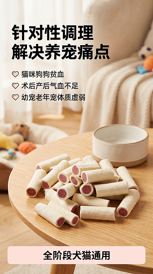 [主图 3] 适用场景痛点展示。[氛围风格] 温暖生活化场景。[画质] 商业摄影质感，光线柔和通透，产品清晰真实，画面干净高级。[元素] 羊奶兔血棒冻干摆放在浅色木质餐桌上，旁边放着宠物食盆，背景虚化可爱宠物角落环境，保持冻干外观与输入产品图绝对一致，杜绝变形色差。商品主体占比约65%，画面满屏无边框。[光影] 温馨室内自然光，柔和明亮，层次丰富。[配色] 原木色+米白，整体温暖自然。[视角构图] 平视生活化视角，主体突出。[文字版式] 左上大字 "针对性调理 解决养宠痛点"，黑色粗体，然后分三行标注：「猫咪狗狗贫血」「术后产后气血不足」「幼宠老年宠体质虚弱」，每行配小爱心图标，文字清晰易读。底部浅粉色条标注 "全阶段犬猫通用"。[比例分辨率] 9:16比例，2k分辨率，文字清晰可辨，超高清。[负向提示词] 变形，水印，文字错乱，产品图模糊，背景杂乱