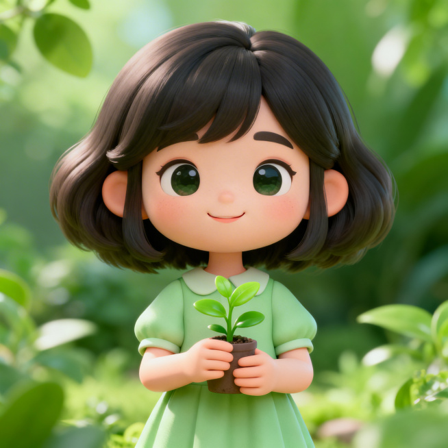 3D风格绿色主题可爱女孩，清新自然的社交形象，柔和立体光影，卡通质感，清新绿色调，适合作为社交平台头像，细节丰富，质感细腻预览效果