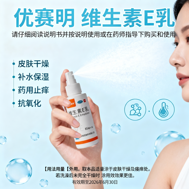 将图片2中手中的产品替换为https://11.jpg的真实优赛明维生素E乳产品瓶身，保持原图的浅蓝色背景、文字排版、气泡装饰元素和人物手持喷雾喷出的姿势不变，保持1:1尺寸，产品替换自然协调预览效果