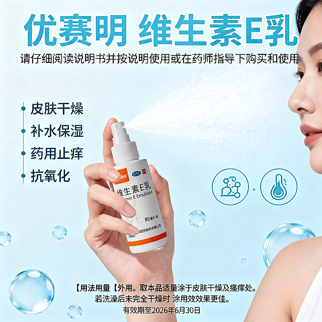 将图片2中手中的产品替换为https://11.jpg的真实优赛明维生素E乳产品瓶身，保持原图的浅蓝色背景、文字排版、气泡装饰元素和人物手持喷雾喷出的姿势不变，保持1:1尺寸，产品替换自然协调