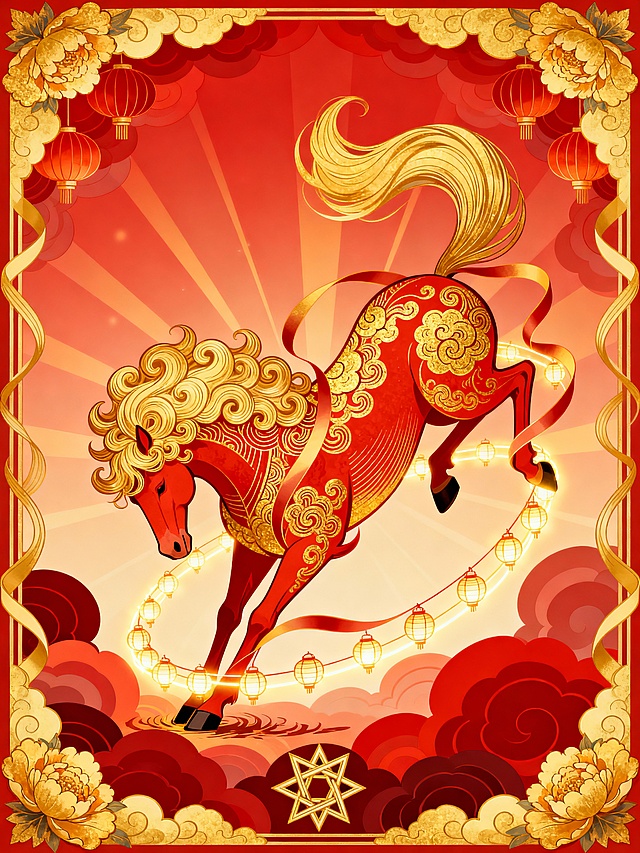新中式扁平插画风格，明亮饱和的画面，细节丰富，风格参考新艺术运动（Art Nouveau），暖红金调画面。侧面马：红底色、细腻金色纹理装饰的马（鬃毛呈夸张卷曲造型，毛发飘逸，躯体有细密的曲线金黄祥云纹饰与线条肌理，弯曲大长尾巴渐变成丝带环绕身体，尾巴向上翘），马呈现从上往下冲的姿态，屁股高翘，前蹄触地后蹄收缩；骏马位于画面中心，一圈灯笼环绕马（部分发光，有细线）；场景设定为暖红渐变背景（放射状光效，许多深浅不一的红色祥云图形层叠，明亮），灯笼装饰元素，边框环绕纹饰（金黄祥云、牡丹、灯笼装饰元素），细节丰富的六芒星，有粗细变化的丝带环绕边框。以流畅曲线、繁复装饰纹样为核心，兼具华丽复古感与艺术装饰性，场景设定为暖红渐变背景，边框层次丰富。