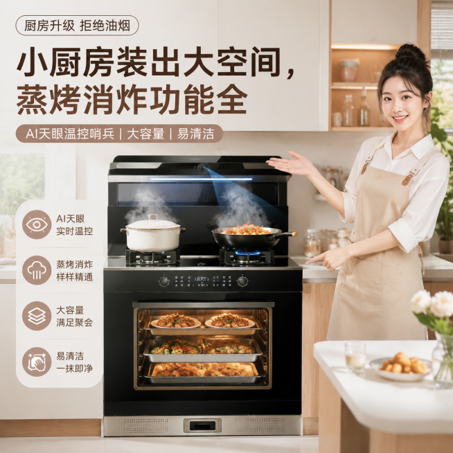 ins风网红小厨房场景，美食博主正在对着镜头展示集成灶烹饪过程，机器和锅具细节无错误，明亮通透网感风格，淘宝天猫电商推广风格，主文案"小厨房装出大空间，蒸烤消炸功能全"，次文案"AI天眼温控哨兵|大容预览效果