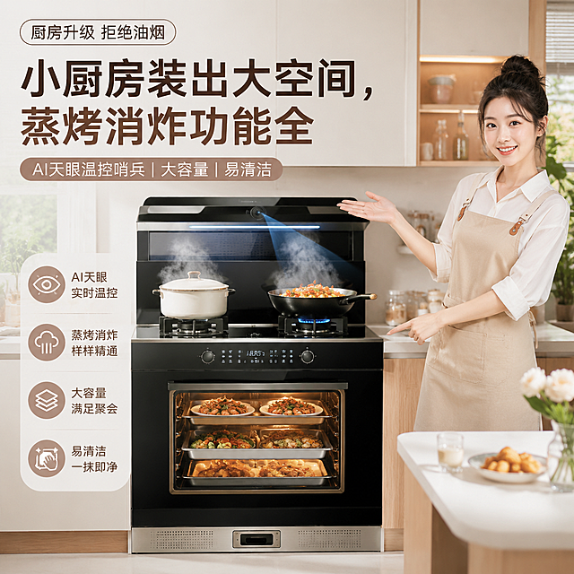 ins风网红小厨房场景，美食博主正在对着镜头展示集成灶烹饪过程，机器和锅具细节无错误，明亮通透网感风格，淘宝天猫电商推广风格，主文案"小厨房装出大空间，蒸烤消炸功能全"，次文案"AI天眼温控哨兵|大容量|易清洁"，1:1正方形构图