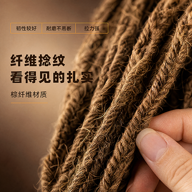 [商品] 使用【图3】的棕绳；保留每一股纤维的捻纹方向、纤维毛刺细节、绳体粗细与暖棕色泽；修复项：清除背景水痕与反光斑，突出纤维纹理与绳体厚度，不改变绳体结构。[画面] 材质细节页·材质微距型：绳体微距特写，纤维捻纹布满画面80%；右下方一只手的两根手指轻轻捏起一段绳体，强化触感；景别微距，左侧留文字区，上方一条小型信息条承载短卖点。[视觉] 套系策略：风格=实用工具类商业静物摄影，暖调质感；标题字=阿里巴巴普惠体粗体；正文字=阿里巴巴普惠体常规；主色=暖棕；背景延展=基于暖棕的深棕虚化底与浅米棕渐变做深浅层级；强调色=暖橙金，仅用于信息条边线与短标签；标题色=深棕褐；正文色=中暖灰褐；组件=直角信息条与短标签；光影=右上侧暖柔光，暗部保留纤维层次。[文字] 左侧主标题“纤维捻纹 看得见的扎实”，副标题“棕纤维材质”；上方信息条横排“韧性较好”“耐磨不易断”“拉力强”；全部横向排版。[规格] 图片比例1:1正方形，4K，避免变形、错字、文字过小、竖排文字、商标标志图案、冷蓝蓝灰背景、水印、绝对化用语。