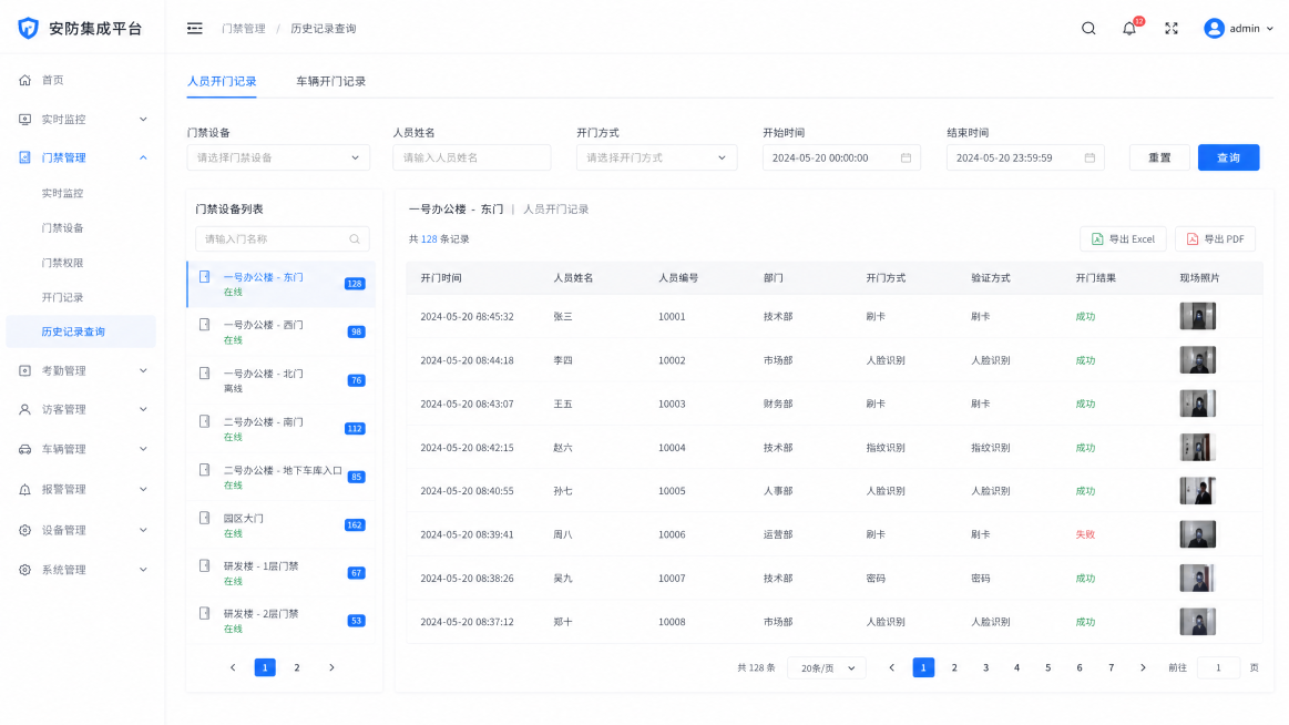 安防集成平台后台门禁历史记录查询页面，白色背景商务风，每个门对应历史开门记录列表，人员车辆分开显示，白色底色商务设计预览效果