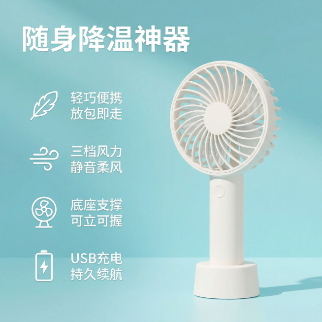 [主图 2 核心卖点]，[主图主题]便携式小风扇核心卖点展示，[氛围风格]清爽干净简约风，明亮通透自然光，[画面元素]纯白色手持小风扇居中展示，四个核心卖点以精致图标和文字形式垂直排列在左侧，右侧为产预览效果
