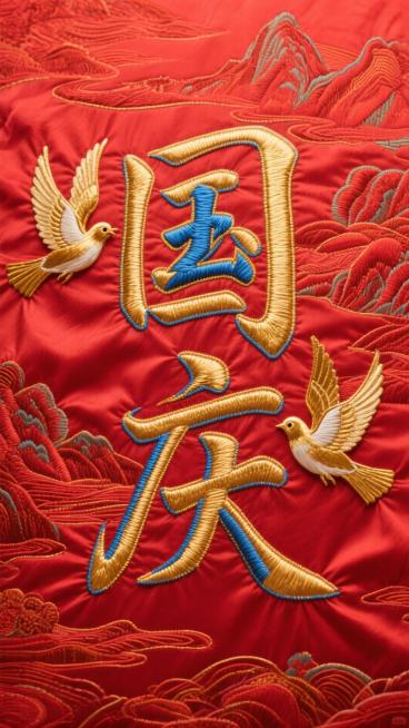 中国风国庆庆典主题，主体是采用金色刺绣与金属质感结合工艺的“国庆”艺术字，局部点缀蓝色绣线增添细节；两侧有两只金色、具金属光泽的和平鸽展翅飞翔；背景为带有山河暗纹、褶皱自然且质感细腻的红色绸缎；整体风预览效果
