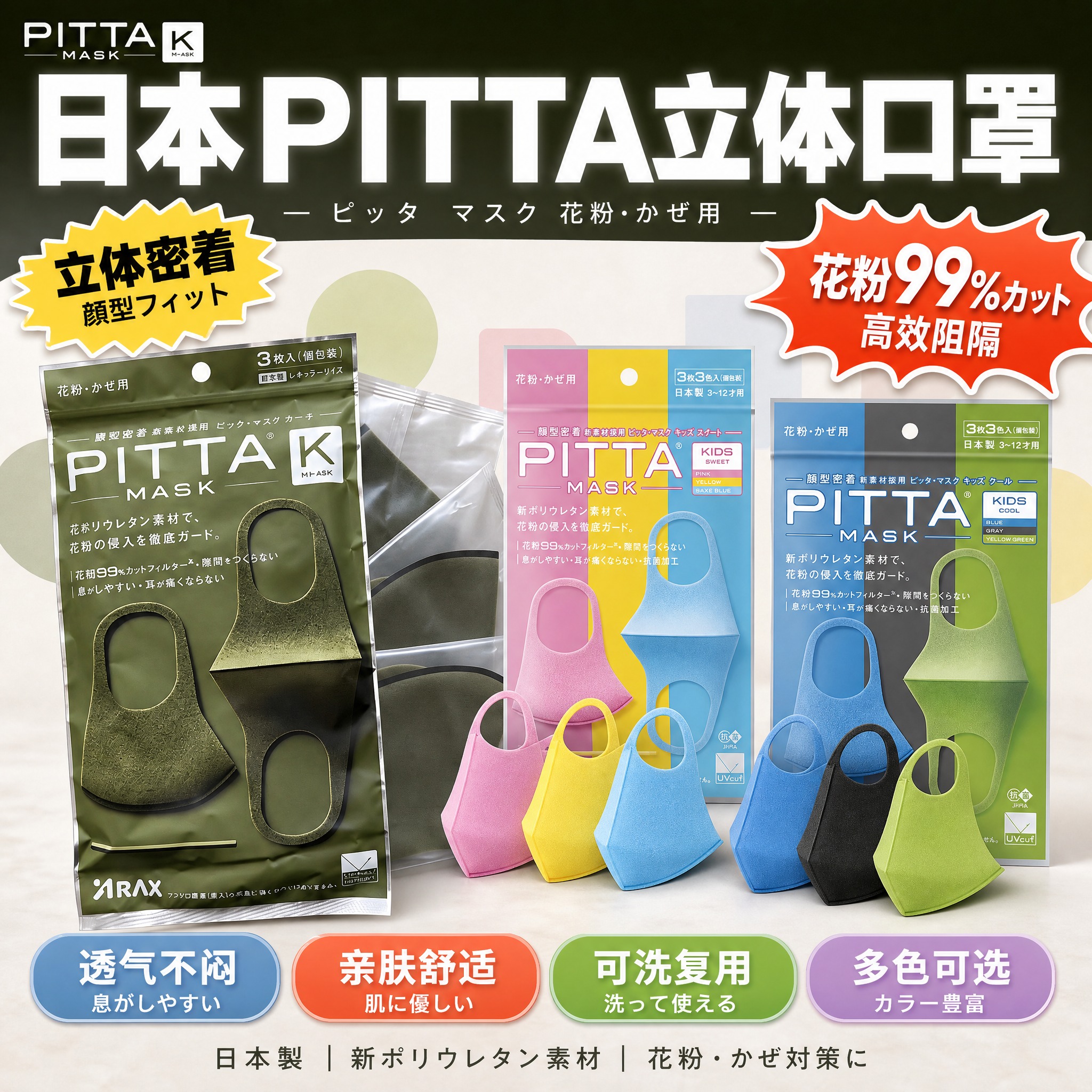 [单张主图] PITTA MASK 聚氨酯立体防护口罩（成人军… - 图片创意预览