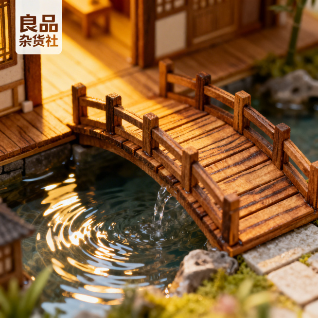 淘宝详情图，古风DIY小屋，细节展示庭院小桥的木质纹理与流水效果，灵动氛围，左上角标注“良品杂货社”预览效果