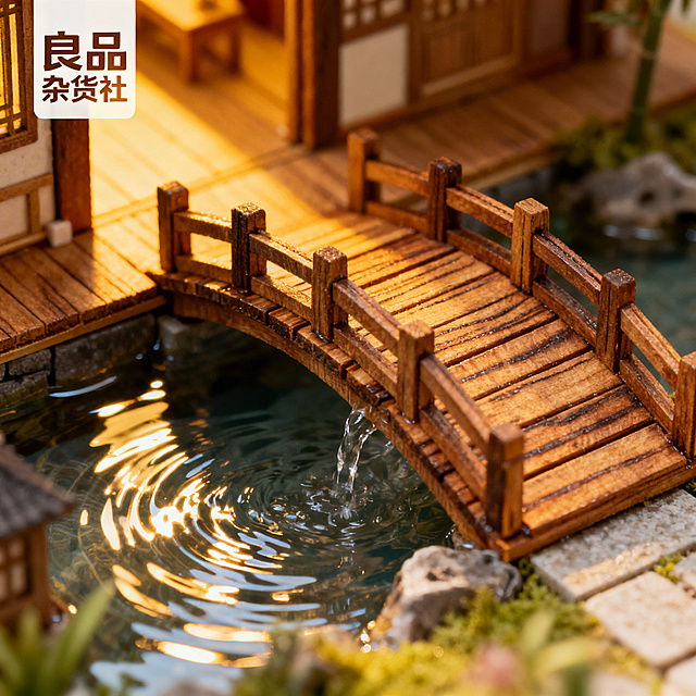 淘宝详情图，古风DIY小屋，细节展示庭院小桥的木质纹理与流水效果，灵动氛围，左上角标注“良品杂货社”