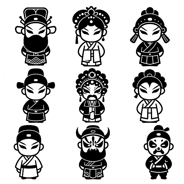 黑白矢量插画，画面主体是9个Q版中国京剧戏曲人物，纯黑色实心图案，纯白色背景，干净闭合轮廓线，无渐变、无阴影、无纹理，扁平化简约卡通风格，线条工整，适合激光切割，高对比度，参考图修改后补全第9个人物