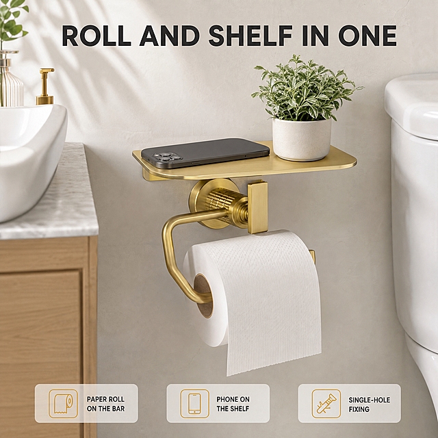 [主图-4] Wall-Mount Brushed Gold Toilet Paper Holder with Shelf 真实使用场景图，任务：表达置物台与纸巾杆的双功能整洁使用态。
[统一基调] 全组统一视觉：现代轻奢卫浴实景电商风。背景主色为暖白与浅米灰；主标题字色深炭灰 #2B2B2B，辅助文字中灰 #6E6E6E，强调色为拉丝金 #C9A227 并与产品金属同色系。全组只用一款现代无衬线字体，标题粗体大写，说明文字字号比标题缩小 50% 以上。全组满版无边框大图，卡片为极轻半透明白底，图标为细金线描边圆角图标。全套不出现中文、装饰边框、平台 Logo 与水印。
[画面] 成熟装修感的现代浴室空间，暖白微水泥墙面加浅木浴室柜与白色陶瓷马桶局部，层次完整；Wall-Mount Brushed Gold Toilet Paper Holder with Shelf 固定在马桶侧墙的瓷砖面上，接近平视视角，产品完整占比约 55%。纸巾杆上自然穿过一卷白色卫生纸并保持稳定垂落，置物台上平放一部深灰色手机与一小盆绿植。墙面可见单个安装孔与锁紧旋钮，产品贴墙无缝不悬浮。产品外观、结构、颜色与输入图完全一致。
[光影质感] 场景采用柔和侧前自然窗光，产品金属表面有真实环境反光，纸卷与台面有自然接触影，整体明亮通透、不发灰不发脏。
[配色] 暖白微水泥墙、浅木色柜体、白色陶瓷为环境色，拉丝金为唯一强调色，卡片保持极轻半透明白底。
[文字版式] 顶部主标题 "ROLL AND SHELF IN ONE"，底部横排三条短说明 "PAPER ROLL ON THE BAR"、"PHONE ON THE SHELF"、"SINGLE-HOLE FIXING"，全英文横排、字号小于标题 50%、无逗号。
[输出要求] 1:1 正方形，场景真实、产品与场景融合自然；负向：边缘硬切、白底残留、悬浮、穿模、变形、中文、错字、模糊、杂乱、水印、平台 Logo。
