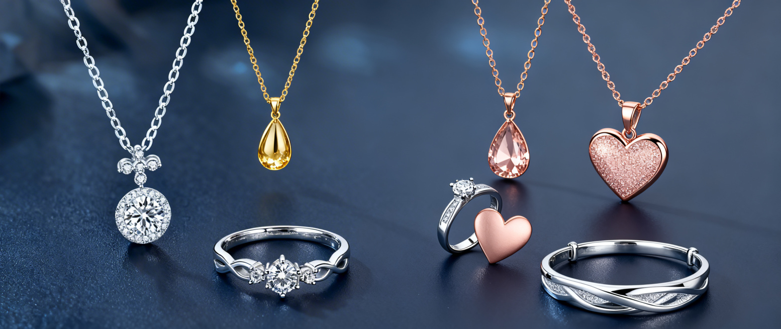 淘宝店铺轮播图，尺寸950×400，组合展示多款精致银饰和玫瑰金饰品：钻石项链、水滴项链、爱心套装、情侣对戒、银手镯，元素多样丰富，错落摆放，整体色调高级冷调，简约大气，设计轻奢上档次，背景干净，突出预览效果