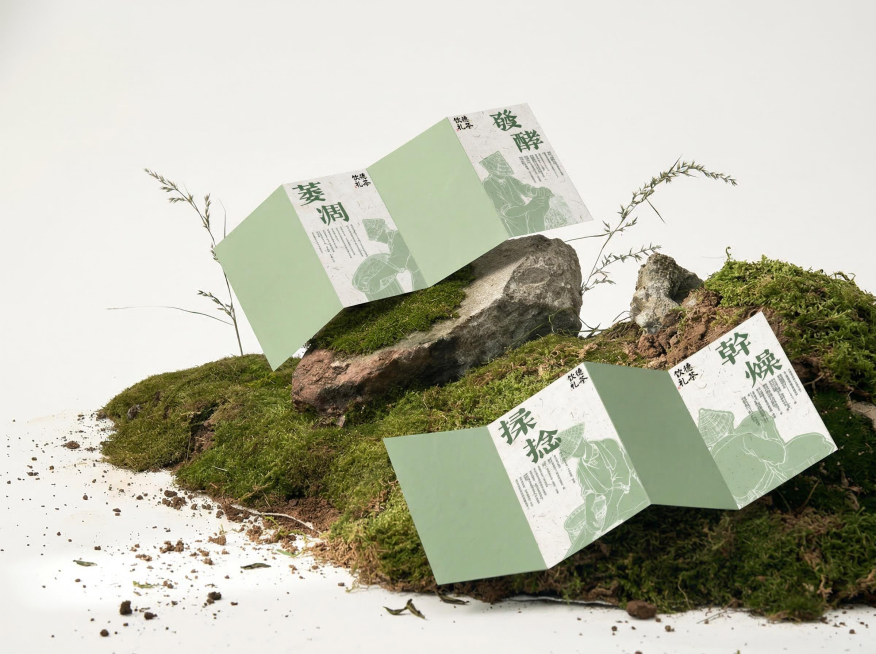 参考图2的岩石苔藓场景，将图1的两张四折国风折页按正确比例放置：一张半展开的折页斜放在带青翠苔藓的天然岩石上，另一张错落半展开放置在岩石旁的苔藓地面上，完整保留折页上的文字、茶农线稿与品牌标识细节。背预览效果