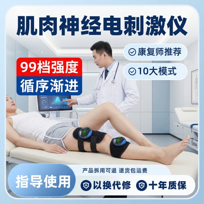 医院康复中心场景，模特躺在床上，腿部佩戴肌肉神经电刺激仪，医生指着仪器屏幕讲解，画面用对比色块突出“99档强度 循序渐进”，上方是“肌肉神经电刺激仪”标题，旁边标注“康复师推荐、10大模式”，底部放置预览效果