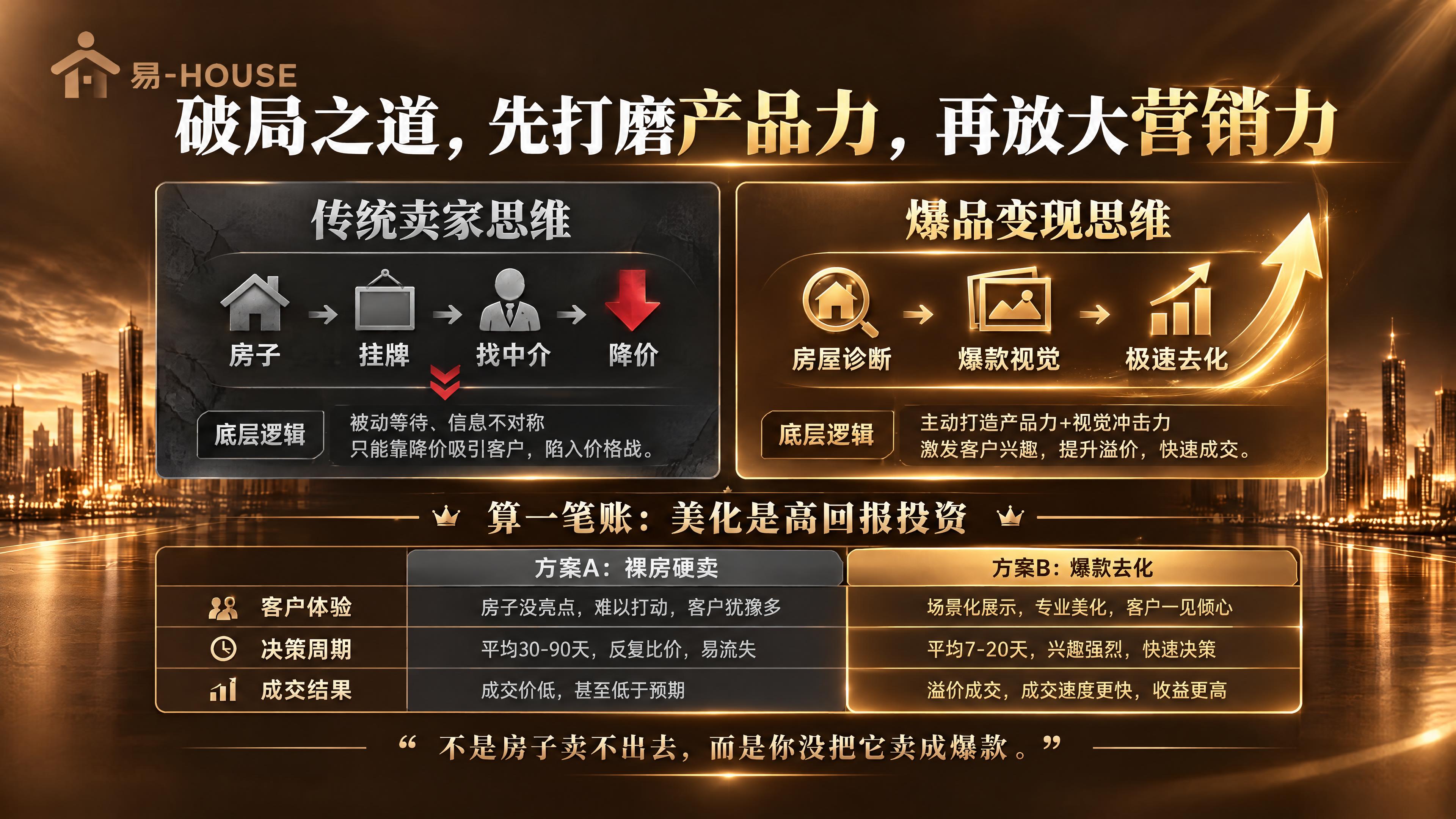 高端黑金风格PPT第二页，主题：破局之道，先打磨产品力，再放大… - 图片创意预览