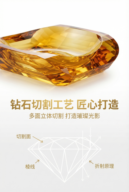 严格还原参考图的琥珀色多面切割水晶果盘，保留颜色、切割工艺、造型、通透质感所有细节。2:3竖版上下分栏杂志排版，上半部分占比60%放置产品切割面特写，下半部分放置极简钻石切割工艺图解，用几何线条标注切预览效果