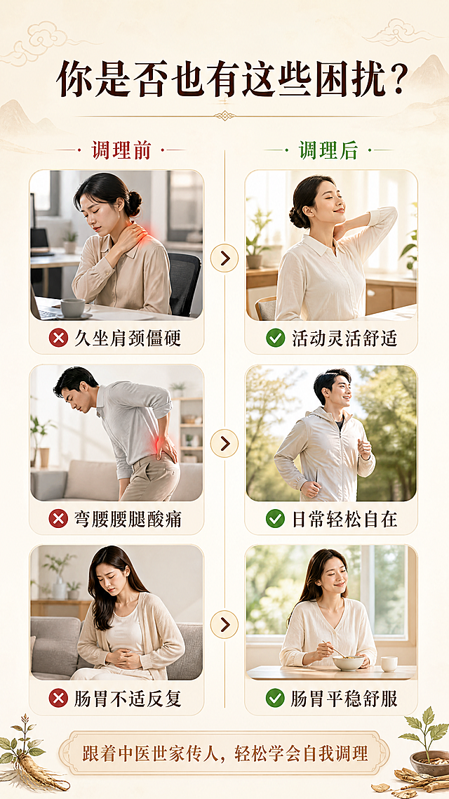 肩颈腰腿胃调理营
人人都能学会的调理课
授课师资
忻盛杰 老师
安愈堂主任
出身于中医世家
累计调理2万人次

肩颈腰腿胃直播内容

周一:带你揭开中医导引按跷的神秘面纱!从根源调理身体 
周二:手把手教学:两个基础手法轻松缓解肩颈腰痛 
周三:痛点攻坚:肩颈+腰腿+肠胃，组合方案一套见效
周四:辨证+穴位配伍逻辑，教你应对复杂身体问题 
周五:5天课程复盘!帮你巩固手法+学会日常养护

肩颈腰腿胃
限时特惠价  1元  原价989元

扫码报名