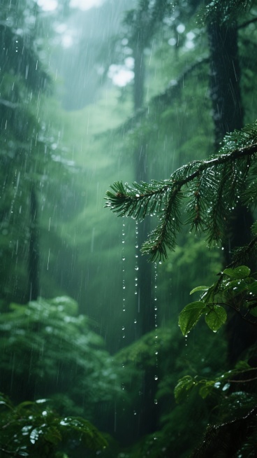 超写实风格的雨水背景，浓密的绿色森林笼罩在倾盆大雨中，细长的雨丝密集垂直落下，雨滴在松针和枝叶上凝结成晶莹水珠，背景透出朦胧的绿色天光，光影对比强烈，暗部深邃神秘，亮部柔和通透，营造出宁静而湿润的自然氛围，画面充满细节质感，雨水的动态感和森林的静谧感完美融合。预览效果