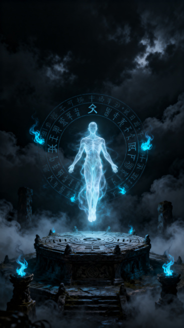 灵异小说封面，主题为灵体成神，风格阴森诡谲，暗黑色调，云雾缭绕的祭坛，半透明发光的灵体悬浮于中央，古老符文环绕，幽蓝鬼火点缀，整体氛围惊悚神秘，竖版构图，顶部预留标题文字位置预览效果