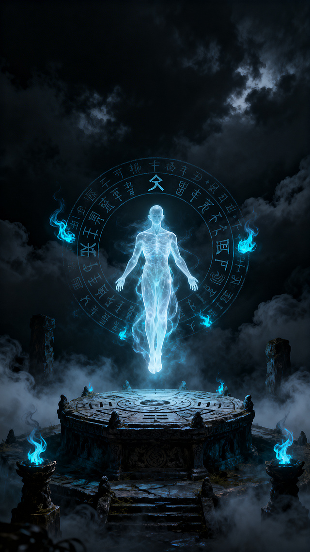 灵异小说封面，主题为灵体成神，风格阴森诡谲，暗黑色调，云雾缭绕的祭坛，半透明发光的灵体悬浮于中央，古老符文环绕，幽蓝鬼火点缀，整体氛围惊悚神秘，竖版构图，顶部预留标题文字位置