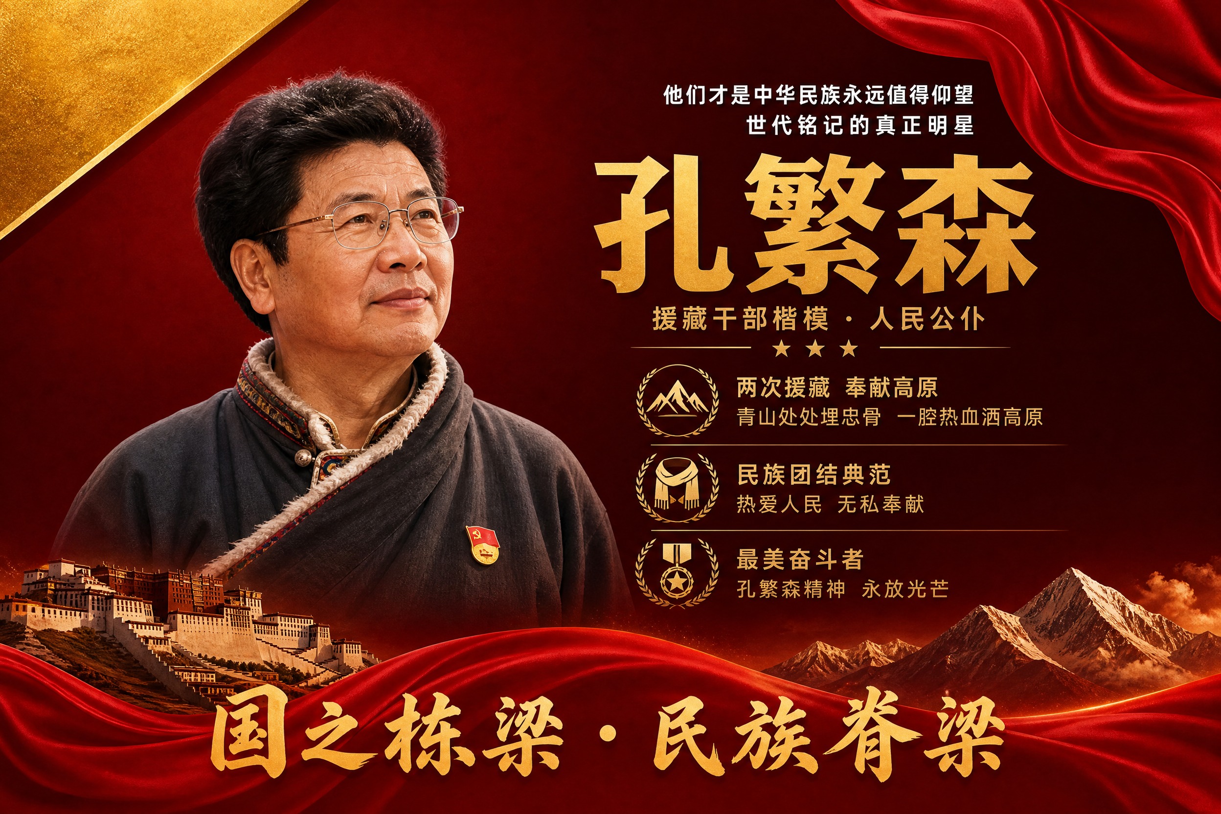 横版国之栋梁人物挂画海报，孔繁森主题，参考图风格复刻，红金配色… - 图片创意预览