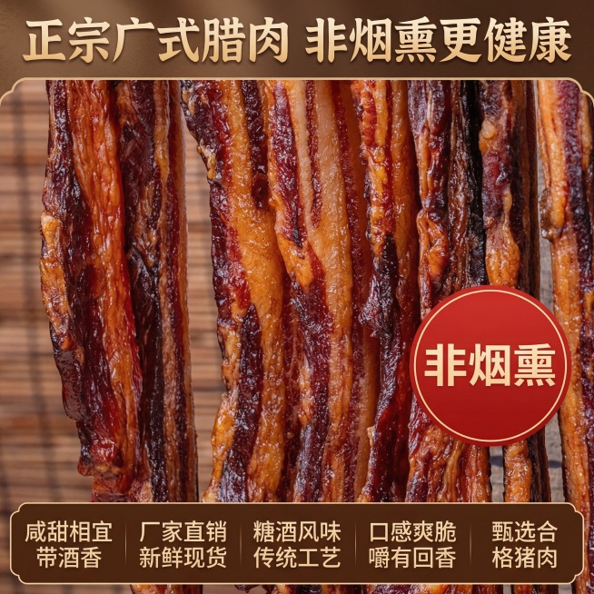 这张图片是产品主体这款产品是广式腊肉 我需要设计20张主图在拼多多上面售卖    主图场景布局可以用厨房 炒腊肉 腊肉细节等设计一个高级有食欲一些主图文案内容 正宗广式腊肉 厂家直销 新鲜现货 咸甜相预览效果