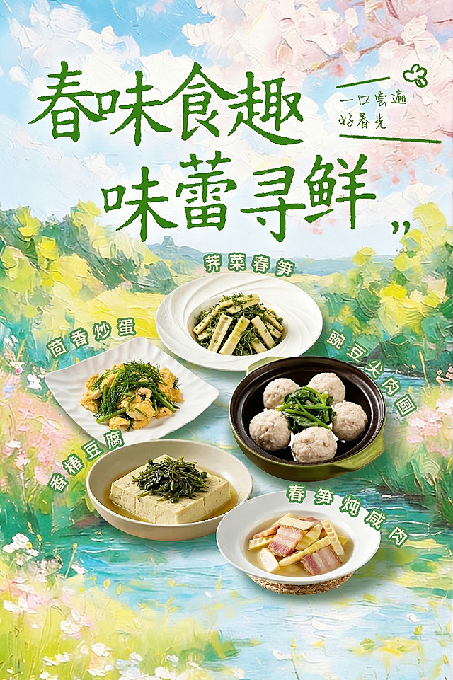 将图一中的完整内容，包括大标题文字'春味食趣 味蕾寻鲜'、副标题'一口尝遍好春光'、五个菜品（荠菜春笋、茴香炒蛋、豌豆尖肉圆、香椿豆腐、春笋炖咸肉）和所有对应菜品名称文字，保持原整体构图和排列方式，自然融入图二的春日溪流油画背景中。1. 光影匹配：背景光源来自上方，为菜品和文字添加柔和的自上而下光照，生成自然向下的投影，遵循近实远虚的物理规律。2. 环境色交互：将背景的蓝绿色调轻微漫反射到菜品和文字边缘，实现色彩融合，和油画背景风格统一。3. 边缘处理：消除抠图白边，添加轻微光晕溢出效果，让整体内容自然融入油画背景，不突兀有美感。4. 保持所有文字内容、菜品结构和原有排列方式完全不变，保证整体和谐统一，符合春日美食主题。商业高调摄影，柔和漫射光，保持菜品食欲感和新鲜纹理，结构不变形，保留所有文字内容且清晰不变形。