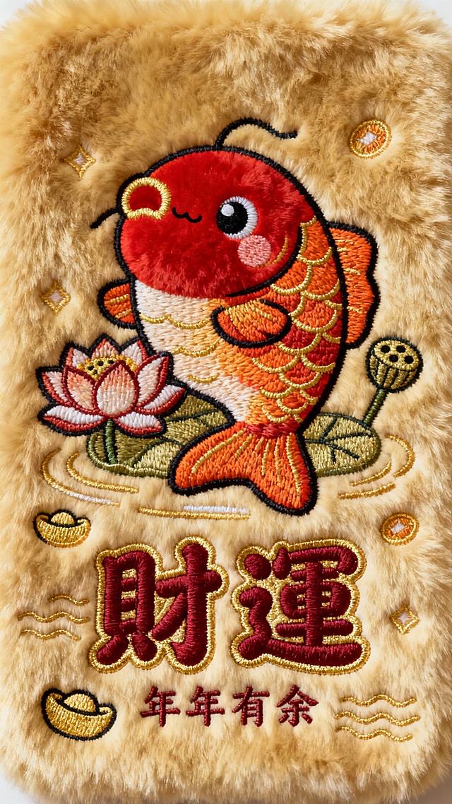 浅金色毛绒布料背景，憨态可掬的卡通红色锦鲤，金橙色渐变装饰，身边绣有莲花与莲蓬，下方酒红色“財運”二字，圆润可爱字体，边缘绣金色轮廓线，文字周围小标题“年年有余”，点缀金色水波纹、小元宝元素，整体呈现毛绒质感刺绣效果，发财主题