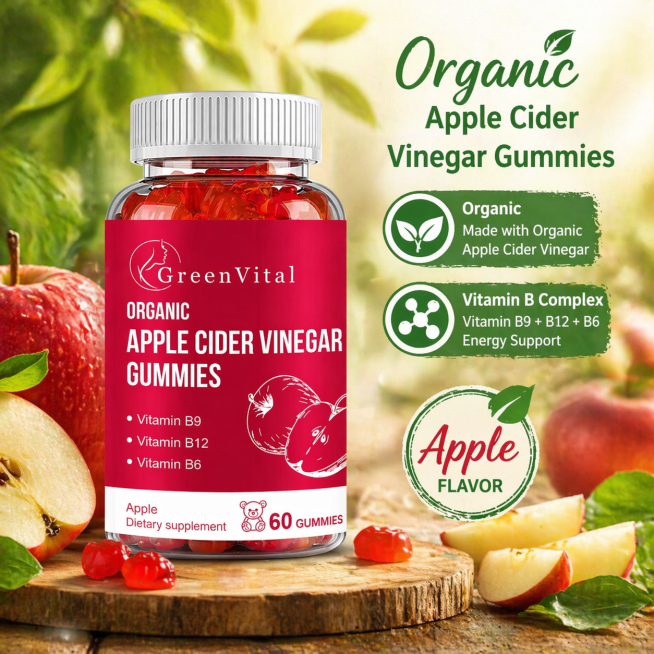设计一款天然健康风的Organic Apple Cider Vinegar Gummies主图，保留原产品瓶身标签设计，将口味修改为Apple，替换原Peach文字，背景采用有机木纹+新鲜苹果切片搭配预览效果