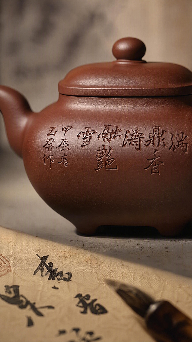 第4屏 壶身篆刻书法意境赏析。本张使用【图1】四方传炉紫砂壶作为商品主体，保持壶身造型、紫砂棕颜色、比例、篆刻位置与原图完全一致。微距特写壶身镌刻文字，落款细节清晰，侧光凸显阴刻刀痕深浅肌理，紫砂泥面温润颗粒质感。局部虚化茶席宣纸、毛笔一角作为点缀，极简国风留白，笔墨篆刻东方人文意境，细腻高清微距摄影，雅致文人气韵，无水印，无促销标签。